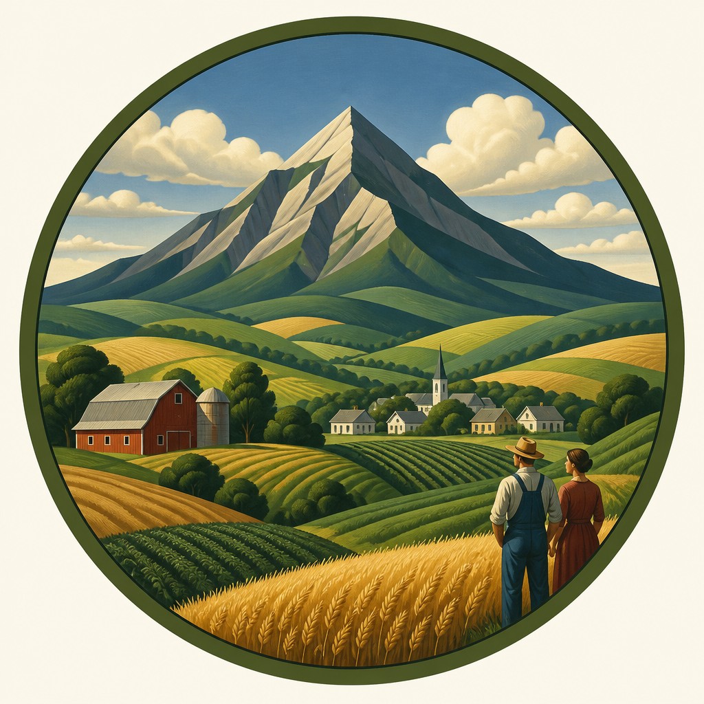 an emblem of a mountain peak inside a circle, simple bold shapes on a plain background, no text or lettering