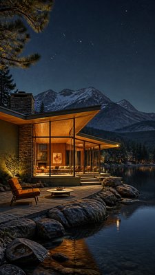 a tranquil mountain lake beneath a starry night sky, no people, no text