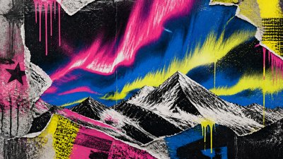 a flowing aurora over snowy peaks, wide sweeping composition, no people, no text