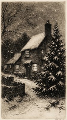 a snow-covered cottage with warm glowing windows beside a decorated pine tree, gentle snowfall, no text