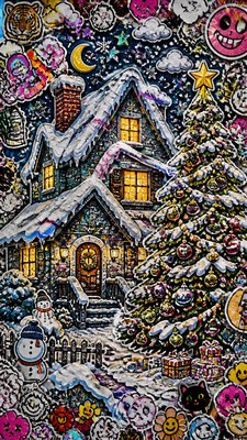 a snow-covered cottage with warm glowing windows beside a decorated pine tree, gentle snowfall, no text