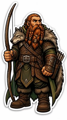 full-body original character: a dwarven ranger with a braided auburn beard, worn leather armor, a longbow and a wolf-pelt cloak, neutral background, no text