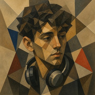 head-and-shoulders portrait of an original character: a young man with curly dark hair and headphones around his neck, plain backdrop, no text