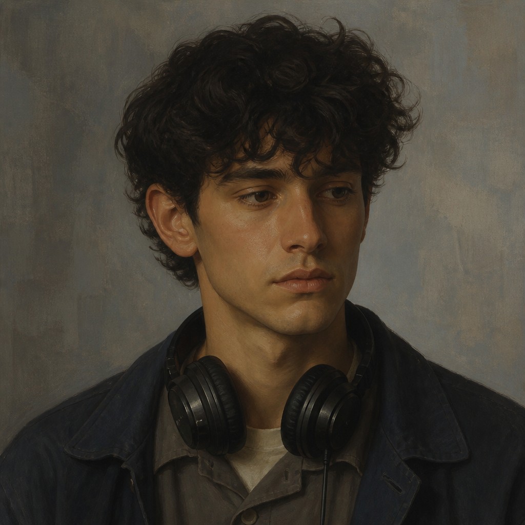 head-and-shoulders portrait of an original character: a young man with curly dark hair and headphones around his neck, plain backdrop, no text