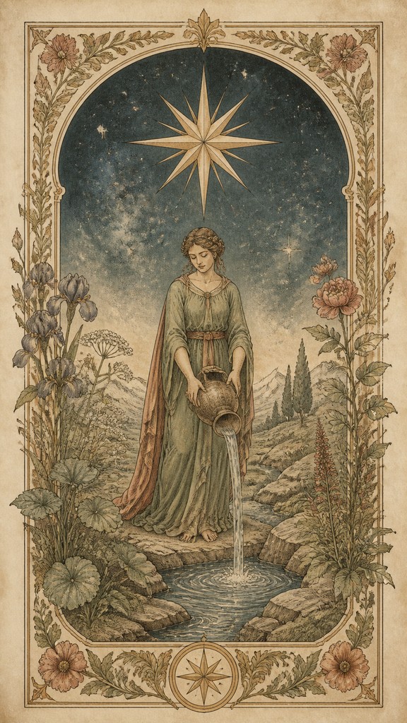 a robed figure pouring water beneath a large eight-pointed star in a night sky, symmetrical composition with an ornate decorative border, no text