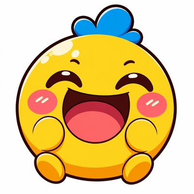 an exaggerated laughing face of an original round mascot character, bold and readable at small size, plain background, no text