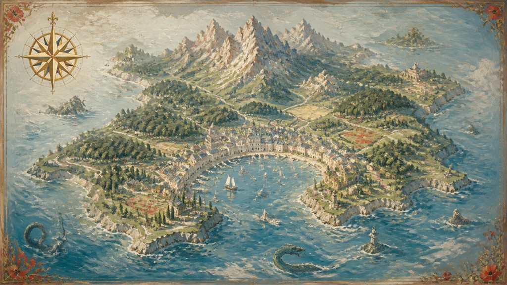 a map of an island realm with mountains, forests, a sheltered bay, sea monsters in the water and a compass rose, no text labels