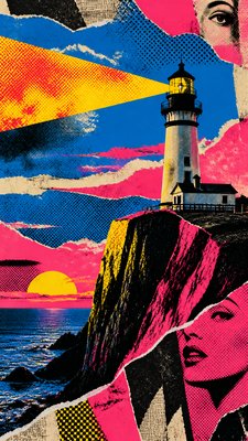 a lone lighthouse on a cliff at dusk under a dramatic sky, no text or lettering