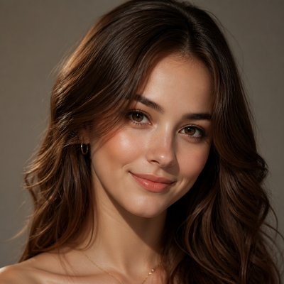 head-and-shoulders portrait of an original character: a young woman with wavy chestnut hair and a warm smile, plain soft backdrop