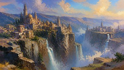 a cliffside city with waterfalls cascading into a misty canyon, wide establishing shot, no people, no text