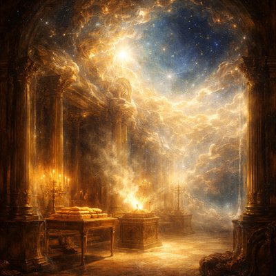 A surreal, double-exposure art piece. Inside, a detailed architectural interior of a temple with a table of "shewbread" and a glowing altar. Outside and overlapping, a vast, swirling nebula and "heaven of heavens" filled with stars and cosmic light, suggesting the infinite nature of God. The temple walls seem translucent, unable to contain the celestial glory. Ethereal, oil painting style, deep blues and glowing golds, inspired by Rembrandt’s lighting. “And Solomon sent to Huram the king of Tyre, saying, As thou didst deal with David my father, and didst send him cedars to build him an house to dwell therein, even so deal with me. Behold, I build an house to the name of the LORD my God, to dedicate it to him, and to burn before him sweet incense, and for the continual shewbread, and for the burnt offerings morning and evening, on the sabbaths, and on the new moons, and on the solemn feasts of the LORD our God. This is an ordinance for ever to Israel. And the house which I build is great: for great is our God above all gods. But who is able to build him an house, seeing the heaven and heaven of heavens cannot contain him? who am I then, that I should build him an house, save only to burn sacrifice before him?” (2 Chronicles 2:3-6, KJV)
