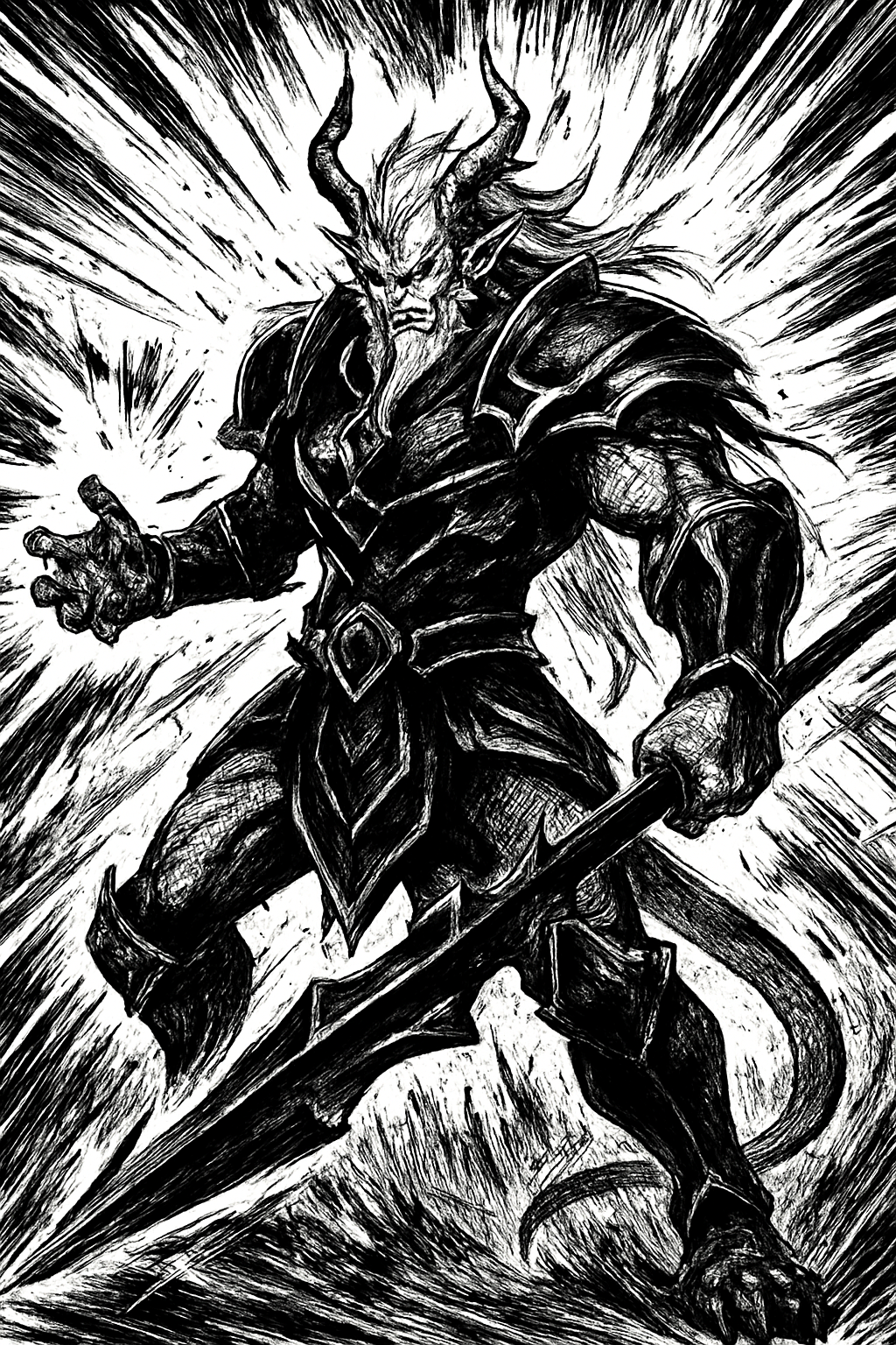 a black and white drawing of a demon