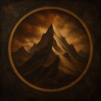 an emblem of a mountain peak inside a circle, simple bold shapes on a plain background, no text or lettering