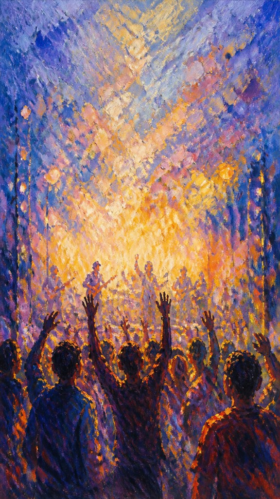 a live music scene with a glowing stage and silhouetted crowd, energetic vertical composition with open space at the top, no text