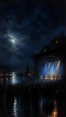 a live music scene with a glowing stage and silhouetted crowd, energetic vertical composition with open space at the top, no text