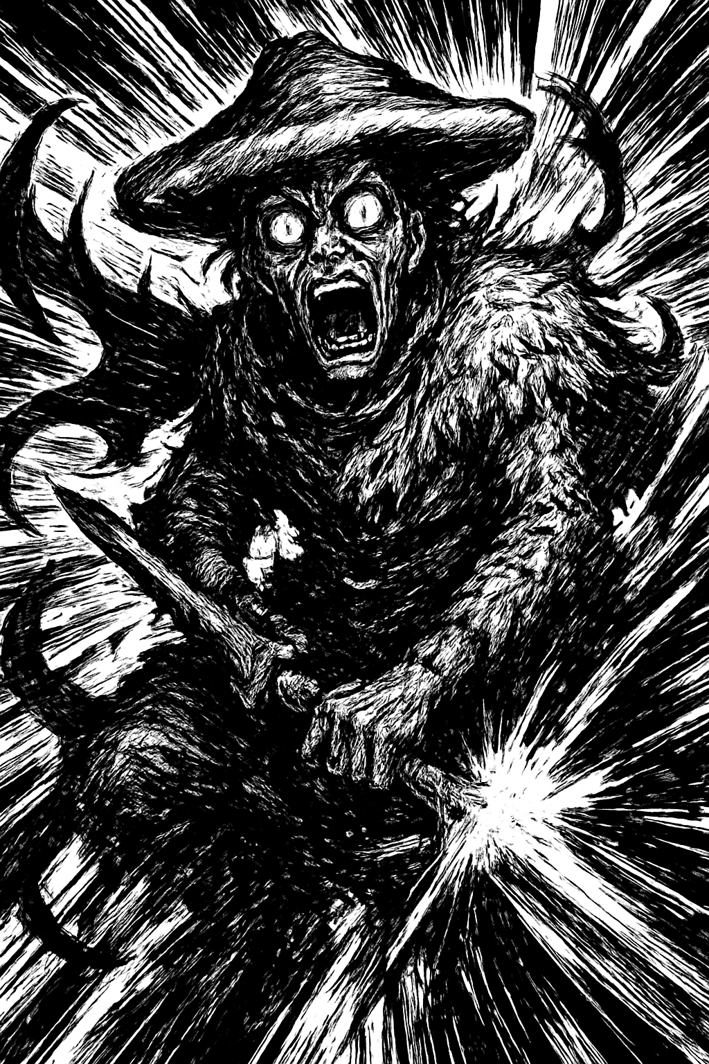 a black and white drawing of a demon