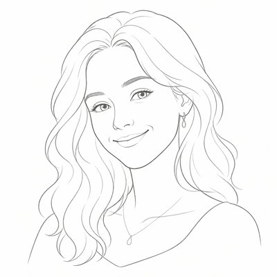 head-and-shoulders portrait of an original character: a young woman with wavy chestnut hair and a warm smile, plain soft backdrop