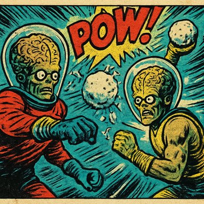 Pro wrestlers with "Mars Attacks" style space bubbles on their head having a snowball fight