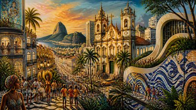 bustling city street panorama at dusk