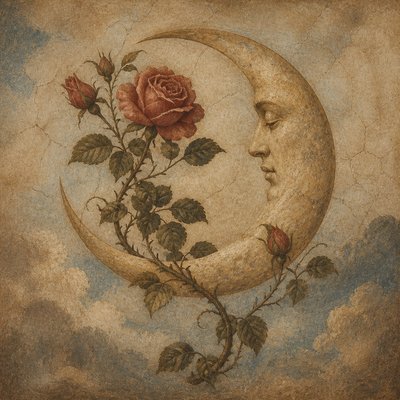 a rose entwined with a crescent moon, clean balanced composition on a plain background, no text