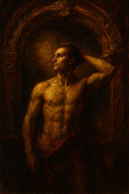 a painting of a man with no shirt on