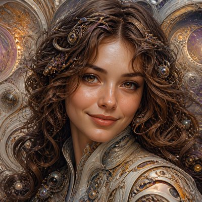 head-and-shoulders portrait of an original character: a young woman with wavy chestnut hair and a warm smile, plain soft backdrop