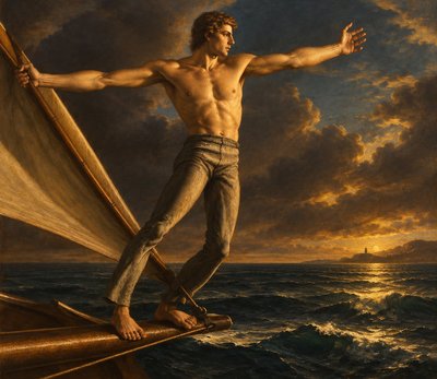 a painting of a man standing on top of a boat
