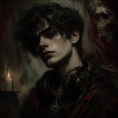 head-and-shoulders portrait of an original character: a young man with curly dark hair and headphones around his neck, plain backdrop, no text