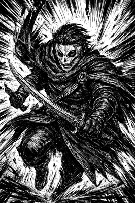 a black and white drawing of a man with a sword