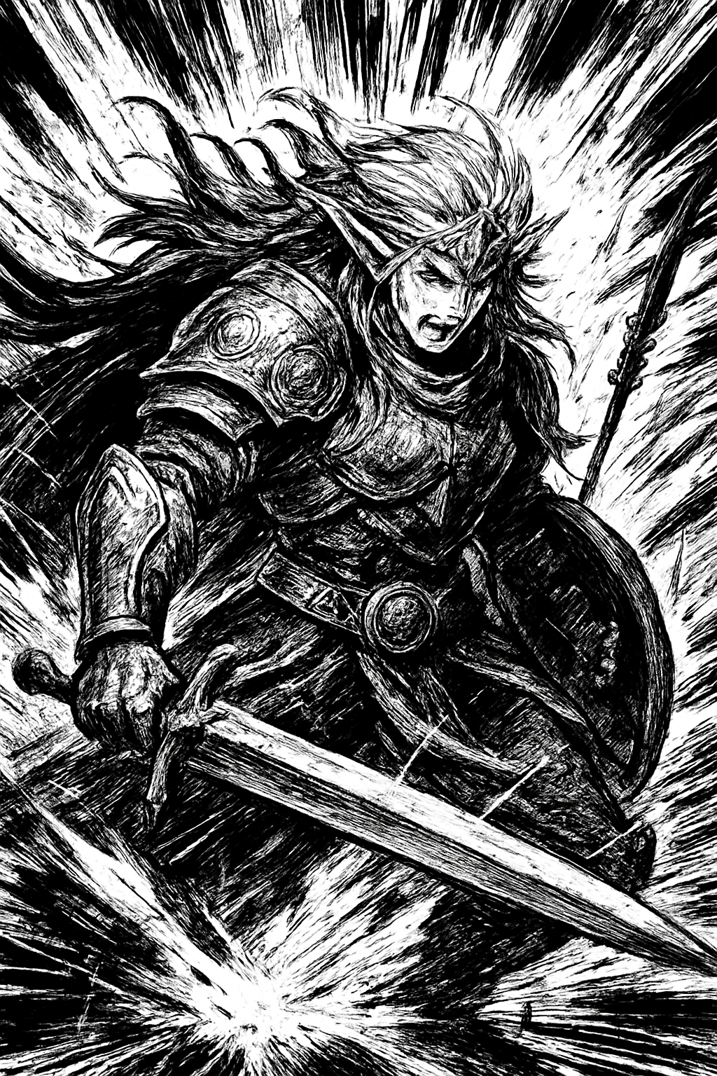 a black and white drawing of a woman holding a sword