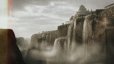 a cliffside city with waterfalls cascading into a misty canyon, wide establishing shot, no people, no text
