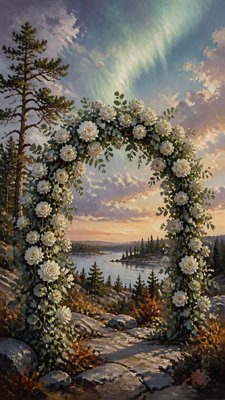 an arch of white roses and eucalyptus in soft morning light, elegant vertical composition with open space, no text