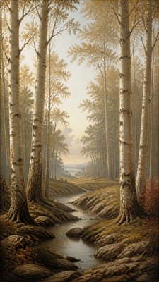 a serene birch forest in soft morning light, no people, no text