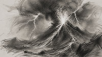 an erupting volcano with lightning strikes, dramatic wide composition, no text