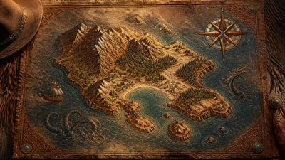 a map of an island realm with mountains, forests, a sheltered bay, sea monsters in the water and a compass rose, no text labels