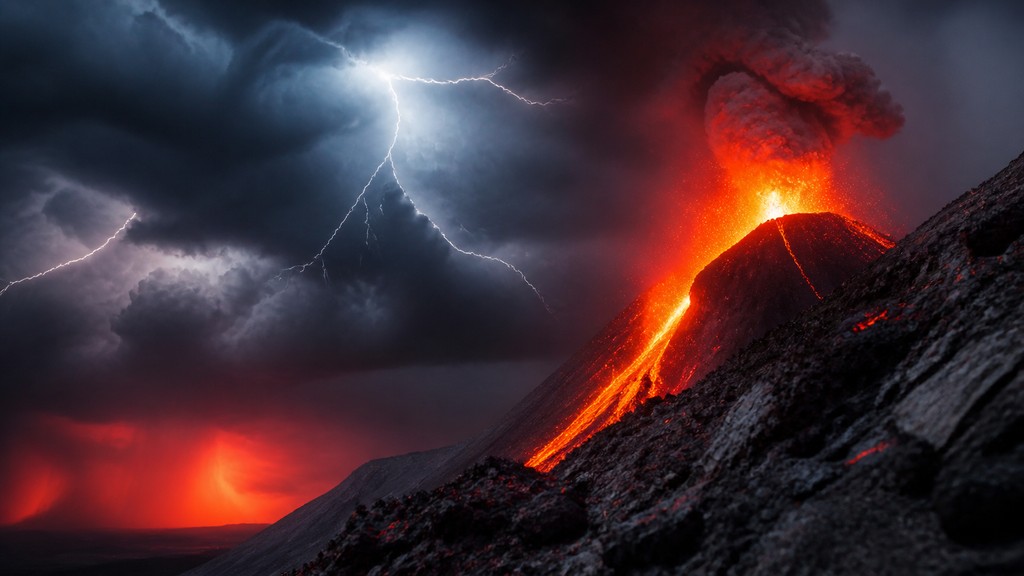 an erupting volcano with lightning strikes, dramatic wide composition, no text