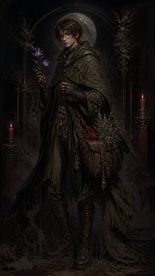 full-body original character: a wandering botanist with a satchel of plants, a patched green cloak, tall boots and round glasses, neutral background