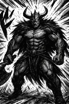 a black and white drawing of a demon