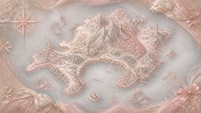 a map of an island realm with mountains, forests, a sheltered bay, sea monsters in the water and a compass rose, no text labels