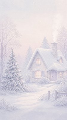 a snow-covered cottage with warm glowing windows beside a decorated pine tree, gentle snowfall, no text