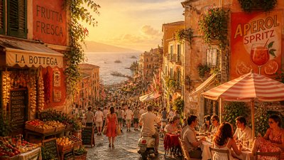 bustling city street panorama at dusk