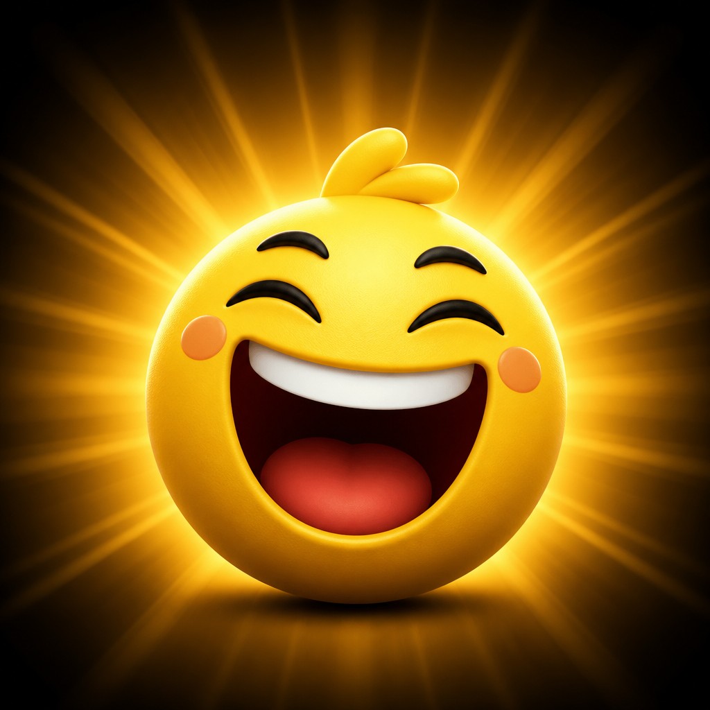 an exaggerated laughing face of an original round mascot character, bold and readable at small size, plain background, no text