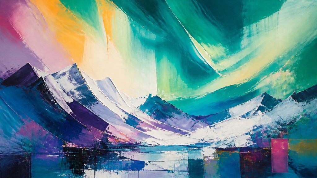 a flowing aurora over snowy peaks, wide sweeping composition, no people, no text