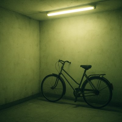 bicyle resting against a wall