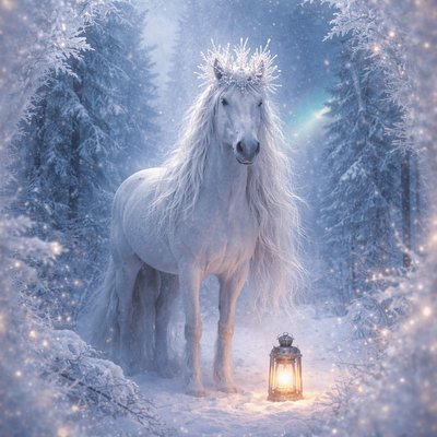 "A majestic white horse standing in a deep, snow-covered forest as a guardian of the winter solstice. The horse wears an intricate crown made of frosted silver branches and glowing quartz crystals. Fine starlight sparkles are woven into its long, flowing mane. A single vintage lantern sits on the snow at its feet, casting a warm, golden candlelight glow against the blue twilight. In the background, a faint aurora borealis dances through the trees. The style is whimsical and surreal, with a soft, painterly photographic quality—prioritizing quiet magic over loud spectacle."