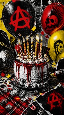 a birthday cake with lit candles surrounded by balloons and confetti, festive vertical composition, no text