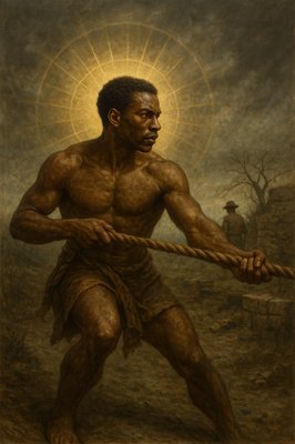 a painting of a man holding a rope