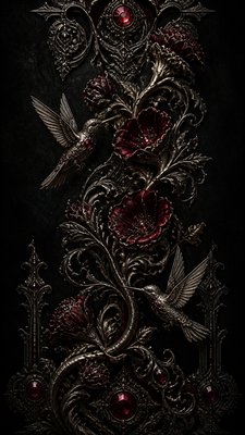 a climbing vine of flowers and hummingbirds on a dark background, tall wrapping composition, no text