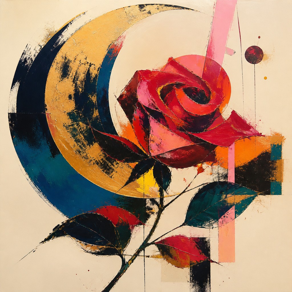 a rose entwined with a crescent moon, clean balanced composition on a plain background, no text