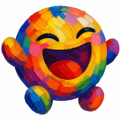an exaggerated laughing face of an original round mascot character, bold and readable at small size, plain background, no text